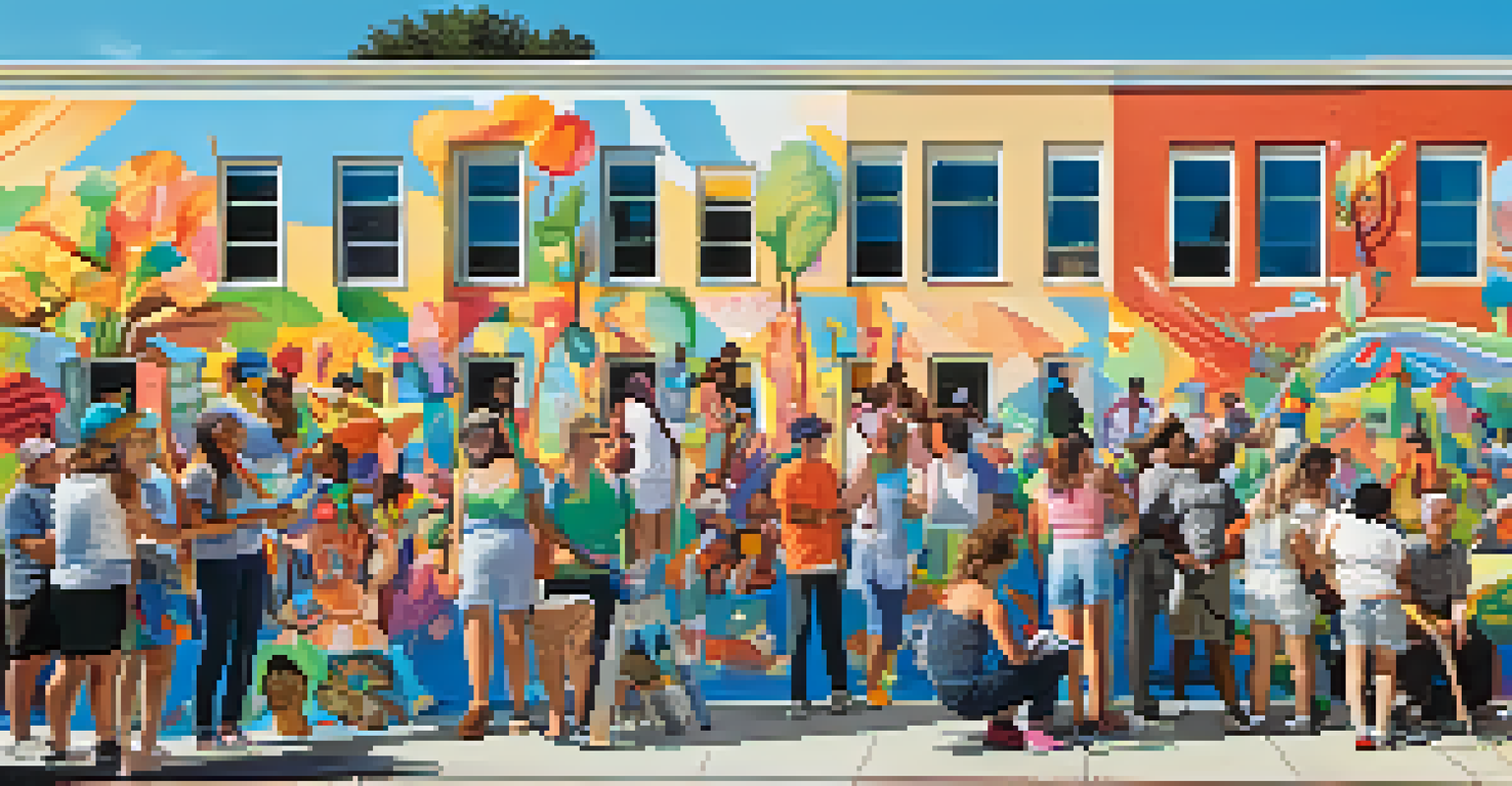 A community mural painting event with local artists and residents collaborating on a public wall.