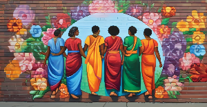 A colorful street mural showing a diverse group of people holding hands in a circle, surrounded by flowers and peace symbols, with sunlight illuminating the scene.