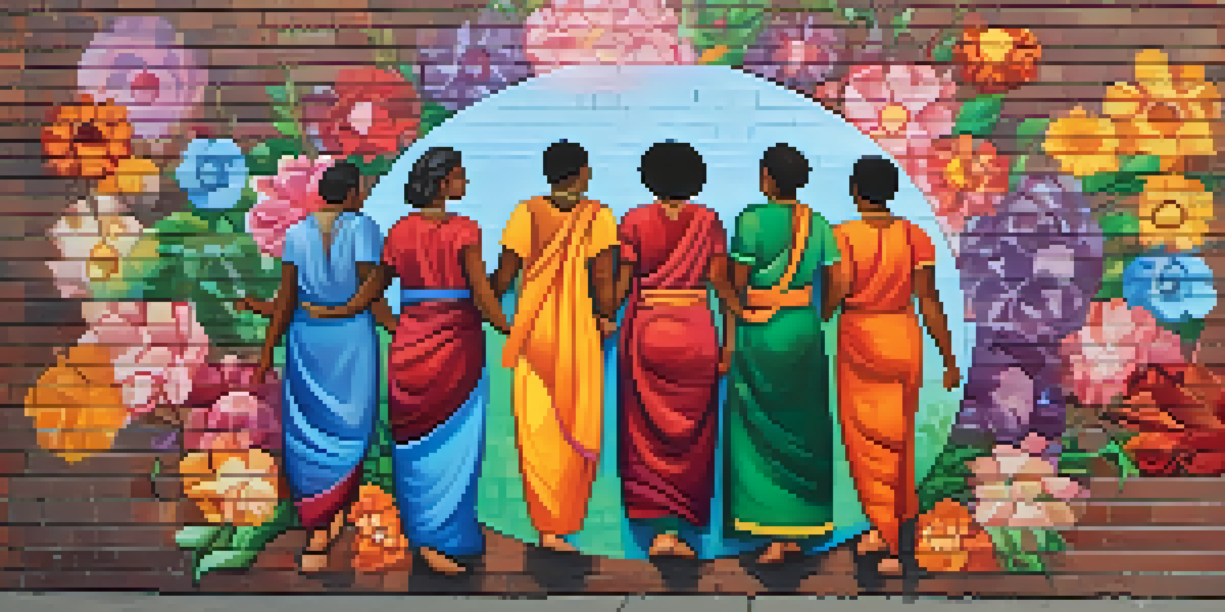 A colorful street mural showing a diverse group of people holding hands in a circle, surrounded by flowers and peace symbols, with sunlight illuminating the scene.
