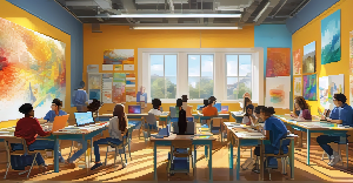A lively classroom where students are using digital tools to create art, with colorful artwork on the walls and a teacher providing guidance.