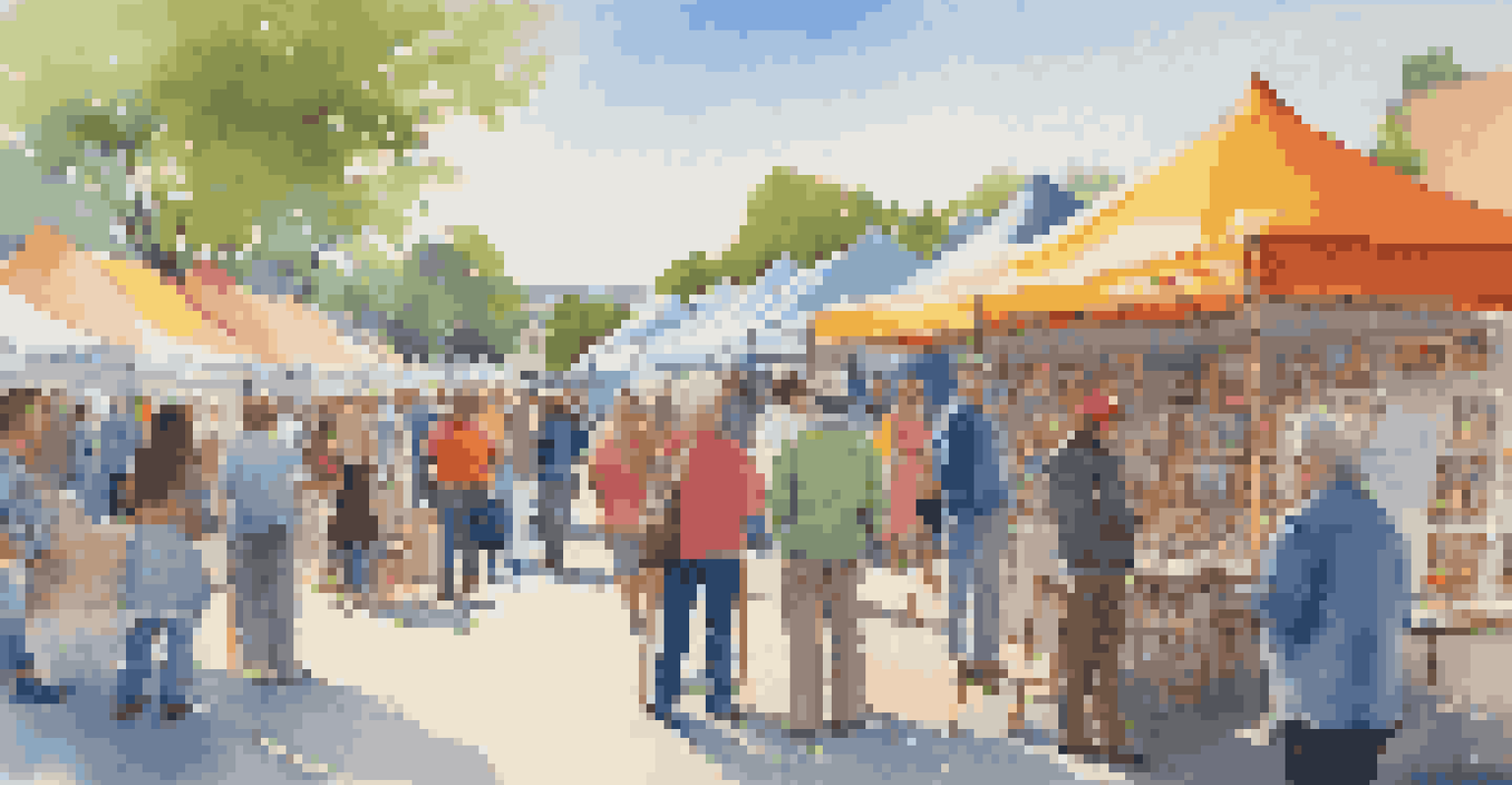 A lively outdoor art fair with artists and visitors engaging around colorful art displays.