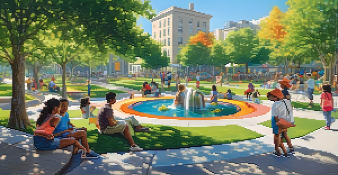 A lively urban park with people of different ages engaging in activities like playing, relaxing, and creating art, surrounded by greenery and a water feature.