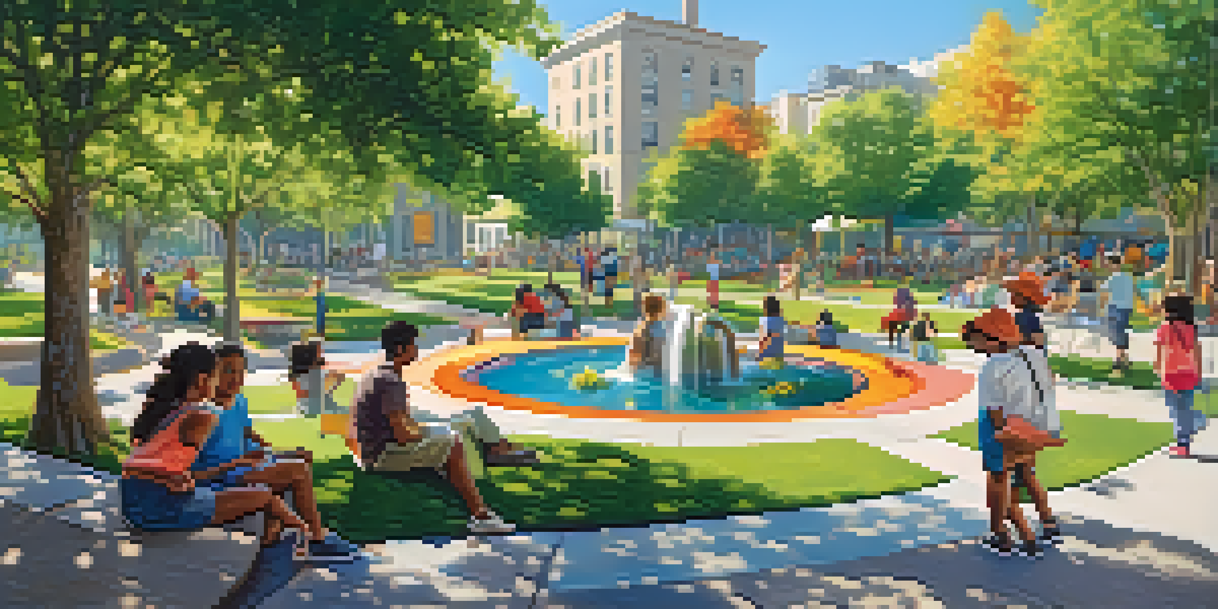 A lively urban park with people of different ages engaging in activities like playing, relaxing, and creating art, surrounded by greenery and a water feature.