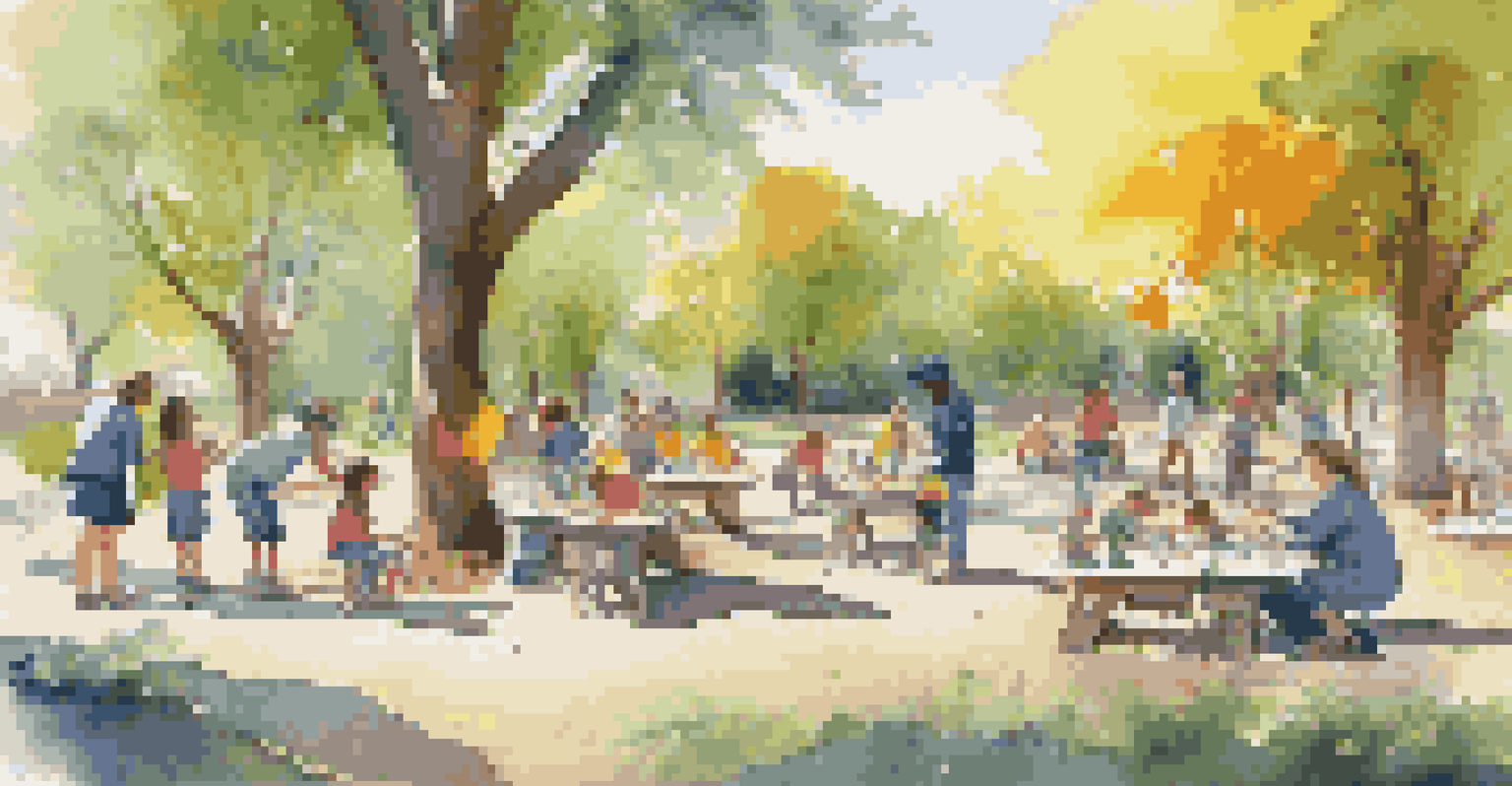 An artist conducting a workshop in a park, surrounded by children and adults creating sculptures from recycled materials, with sunlight filtering through trees.