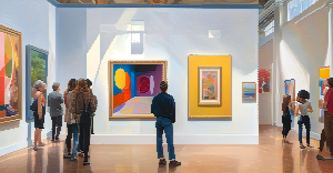 A modern art gallery filled with diverse artworks and engaged viewers, illuminated by natural light.