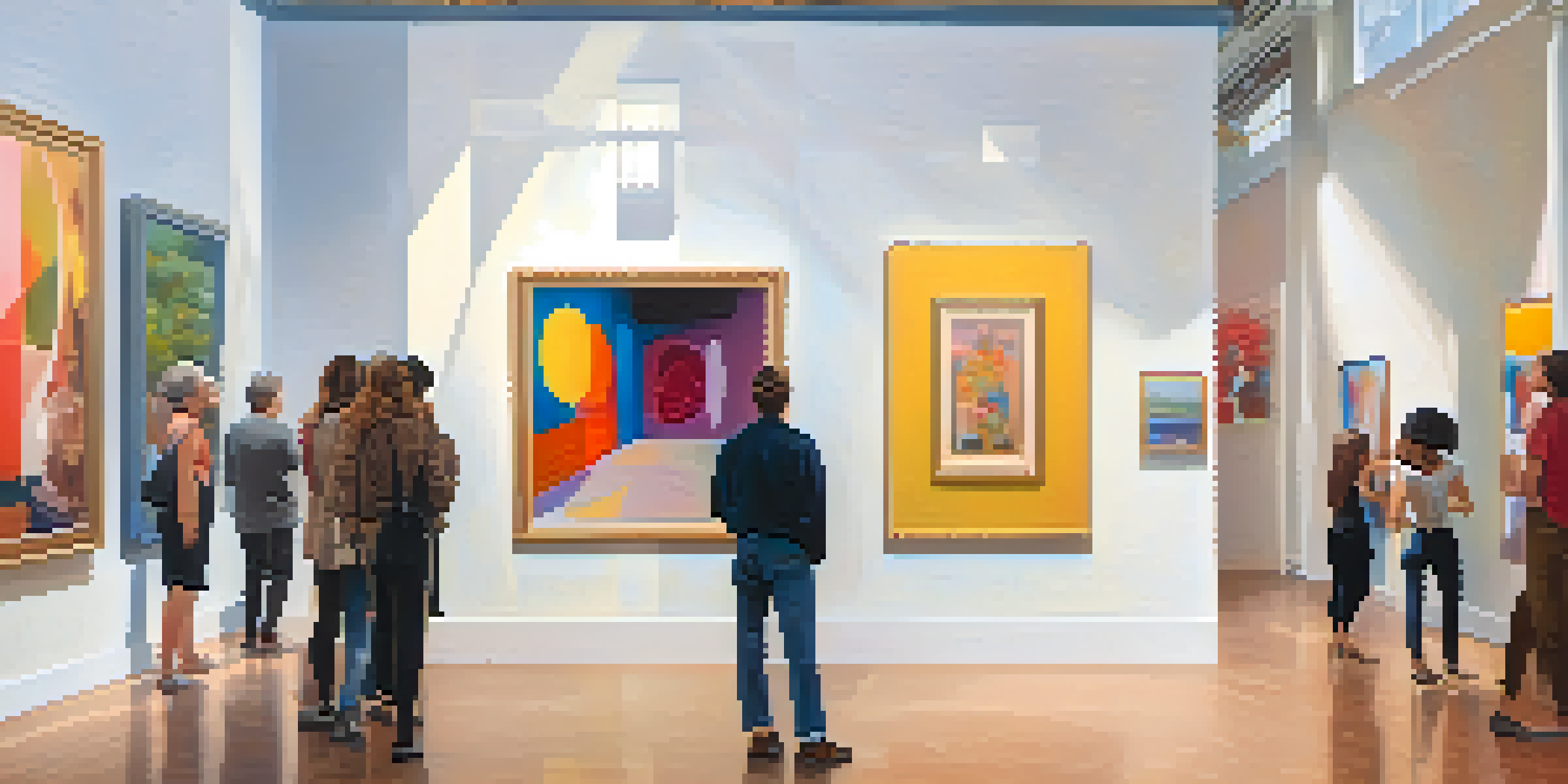 A modern art gallery filled with diverse artworks and engaged viewers, illuminated by natural light.