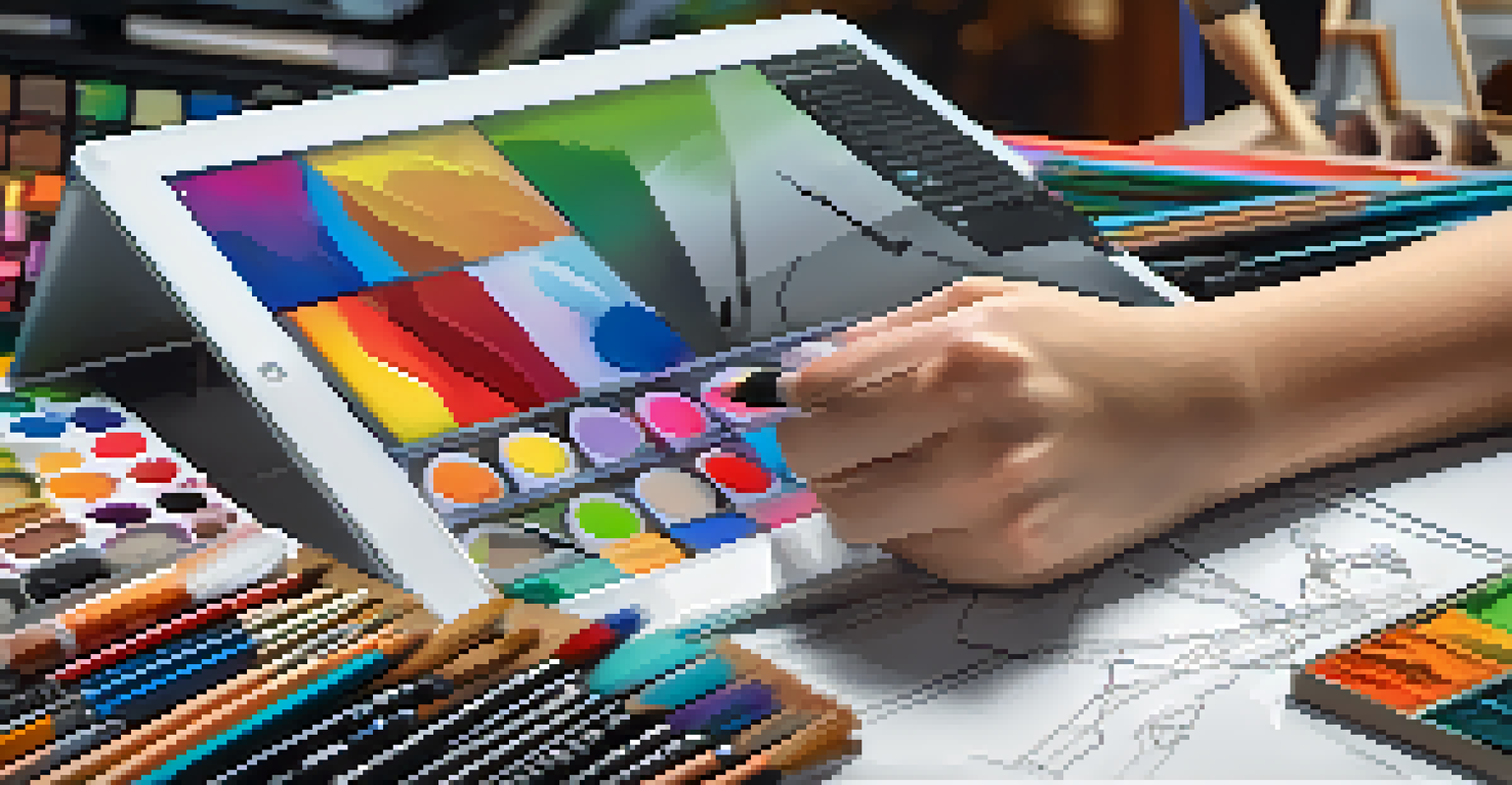 An artist's hands working on a digital tablet with sketches and tools around.