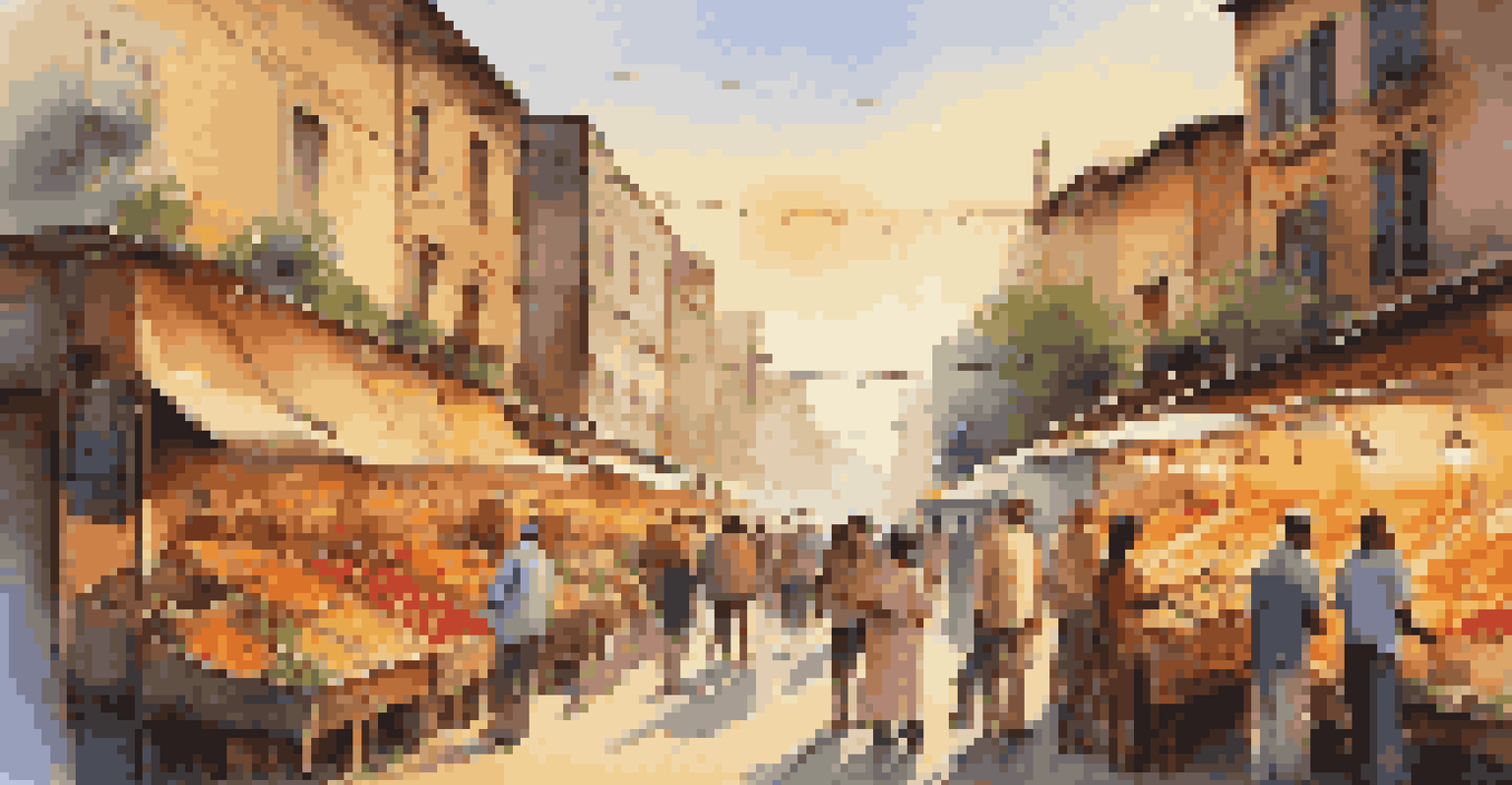 A lively street market with people shopping and colorful stalls at sunset.