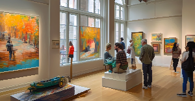 A bright art gallery showcasing a variety of artworks by disabled artists, with visitors engaging and admiring the pieces.