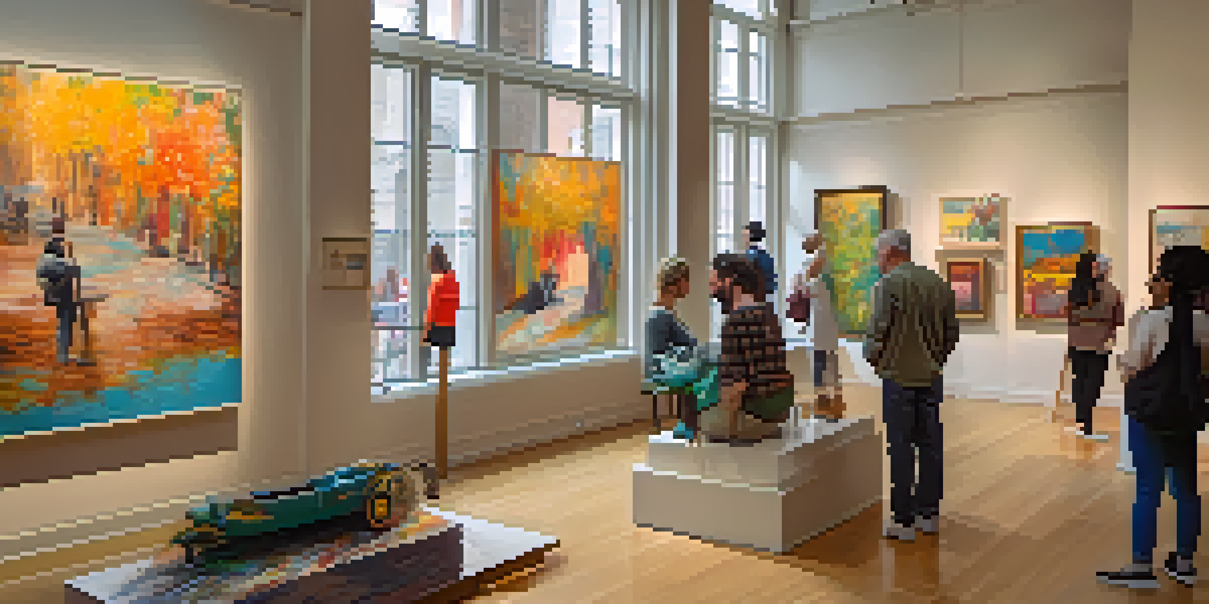 A bright art gallery showcasing a variety of artworks by disabled artists, with visitors engaging and admiring the pieces.