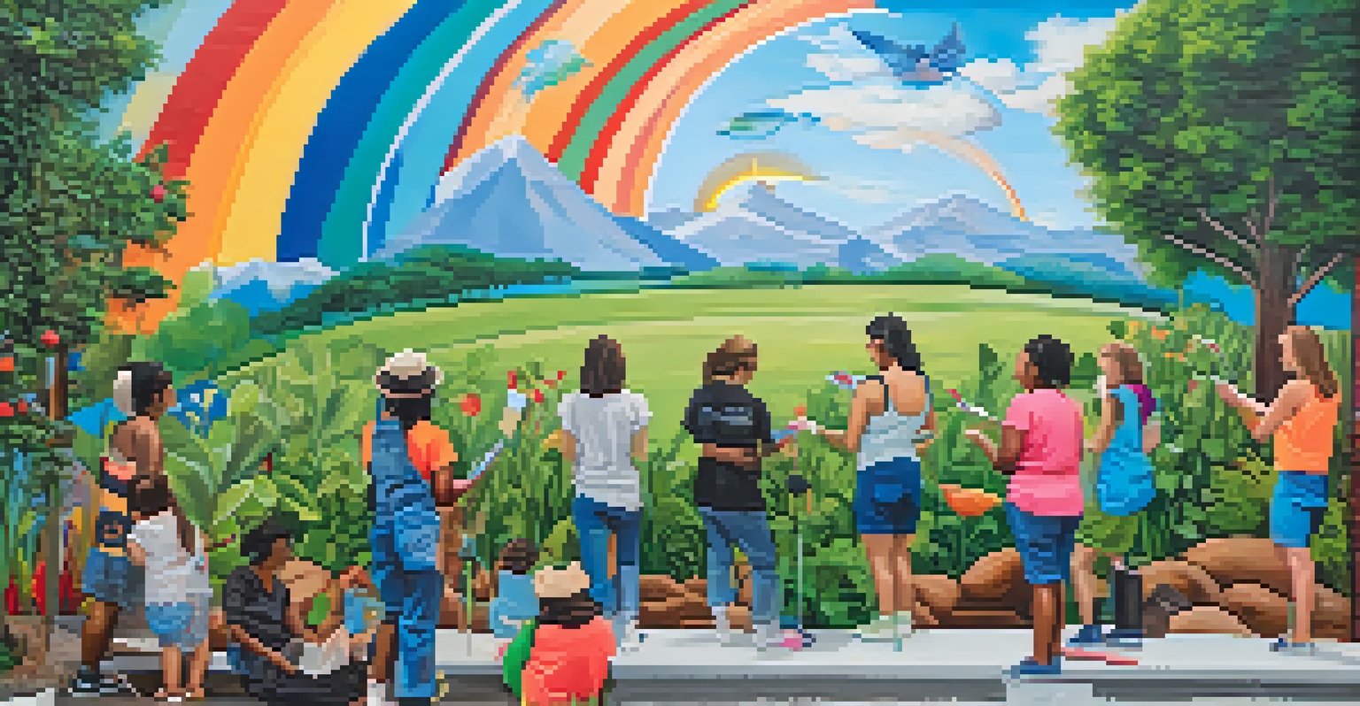 Artists painting a vibrant mural in an outdoor setting, surrounded by nature and bright colors.