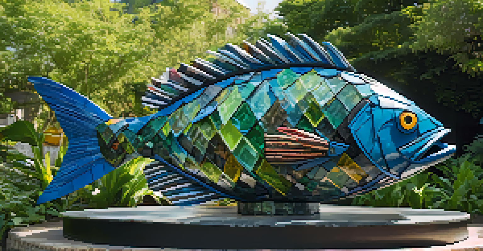 A large sculpture of a fish created from recycled plastic waste, set in a green outdoor environment.
