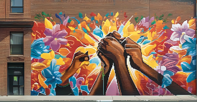 A colorful street art mural depicting diverse individuals united for social justice, with symbols of hope and sunlight illuminating the artwork.