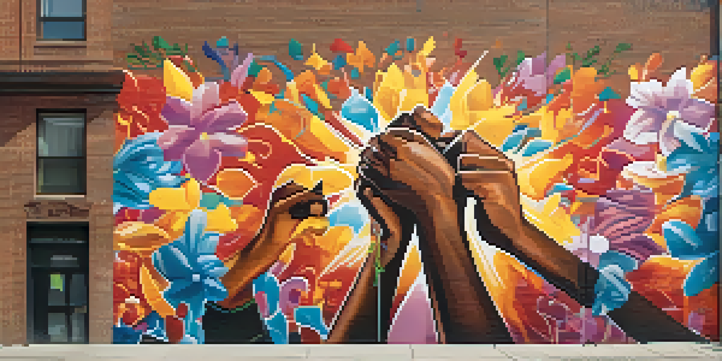 A colorful street art mural depicting diverse individuals united for social justice, with symbols of hope and sunlight illuminating the artwork.