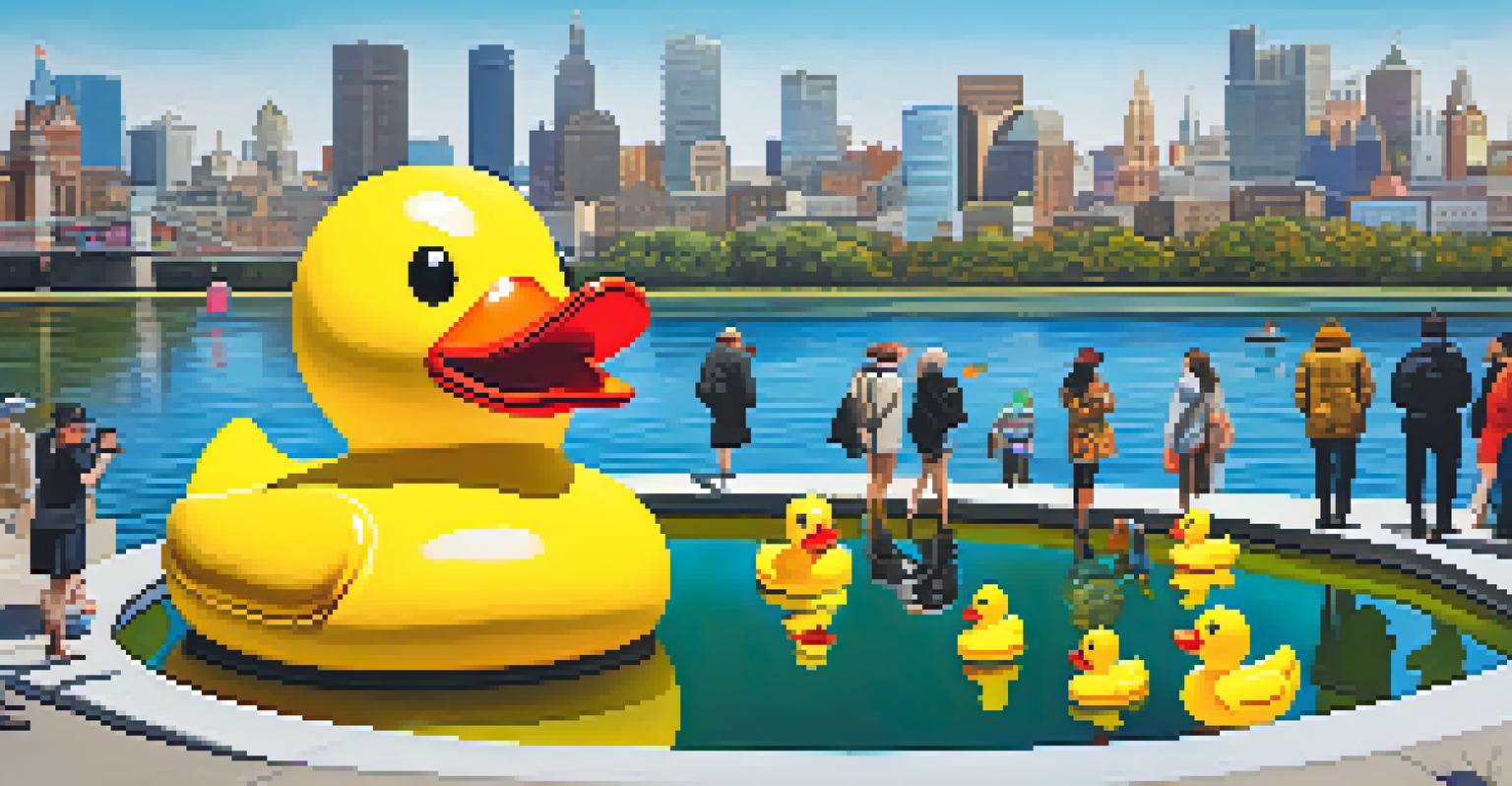 A giant rubber duck sculpture in an urban pond with people laughing and enjoying the unusual sight.