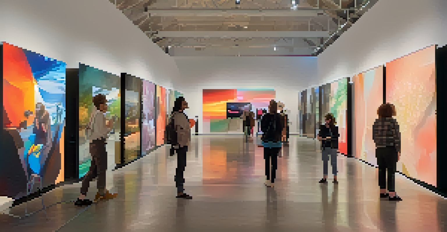 A modern gallery with digital artwork and visitors using VR headsets.