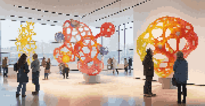 A colorful art installation inspired by molecular structures in a modern science museum, with visitors engaging with the artwork under warm lighting.