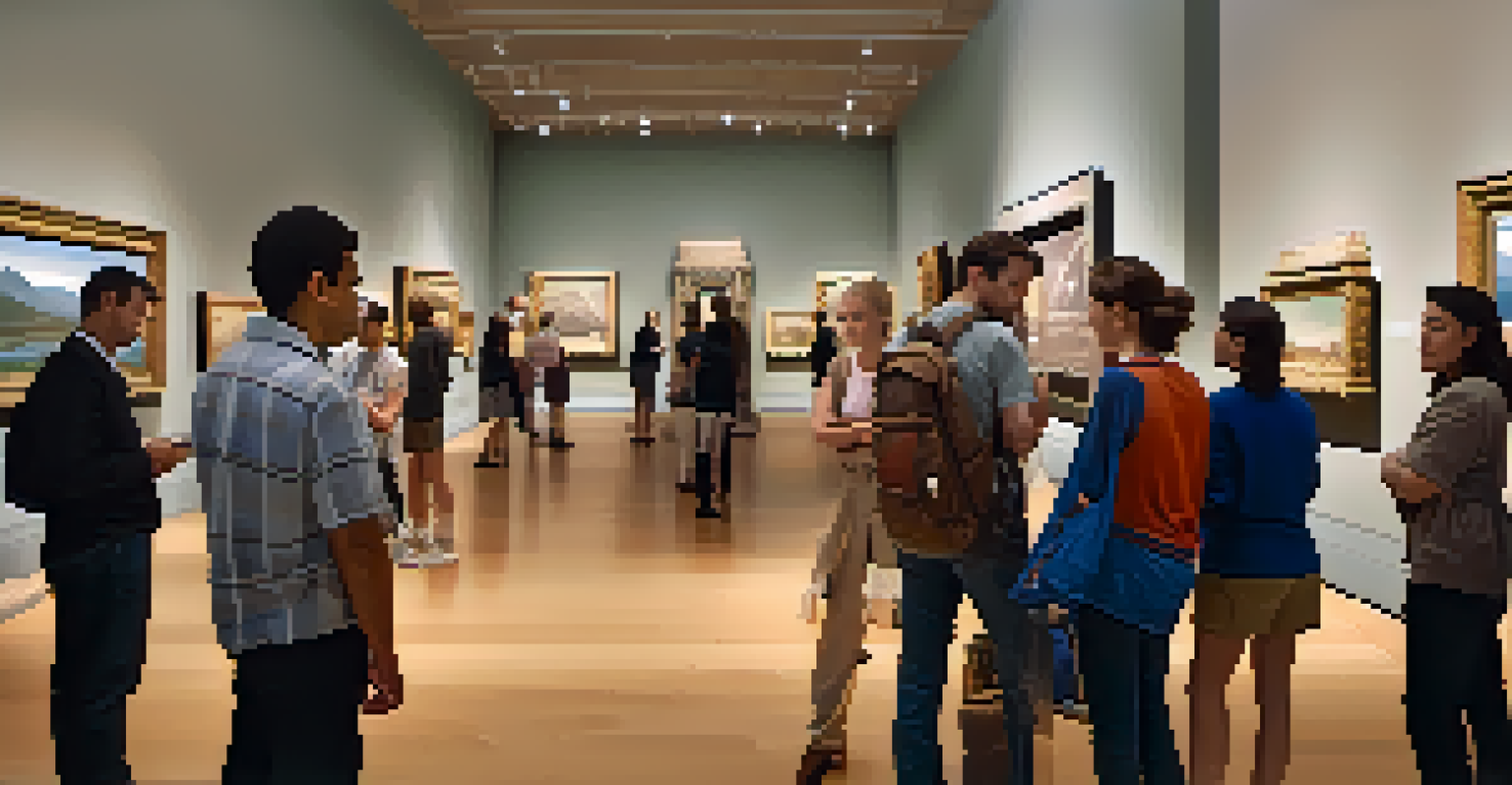 A diverse group of travelers on a guided museum tour, looking at an ancient artifact with expressions of curiosity, surrounded by a well-curated display.