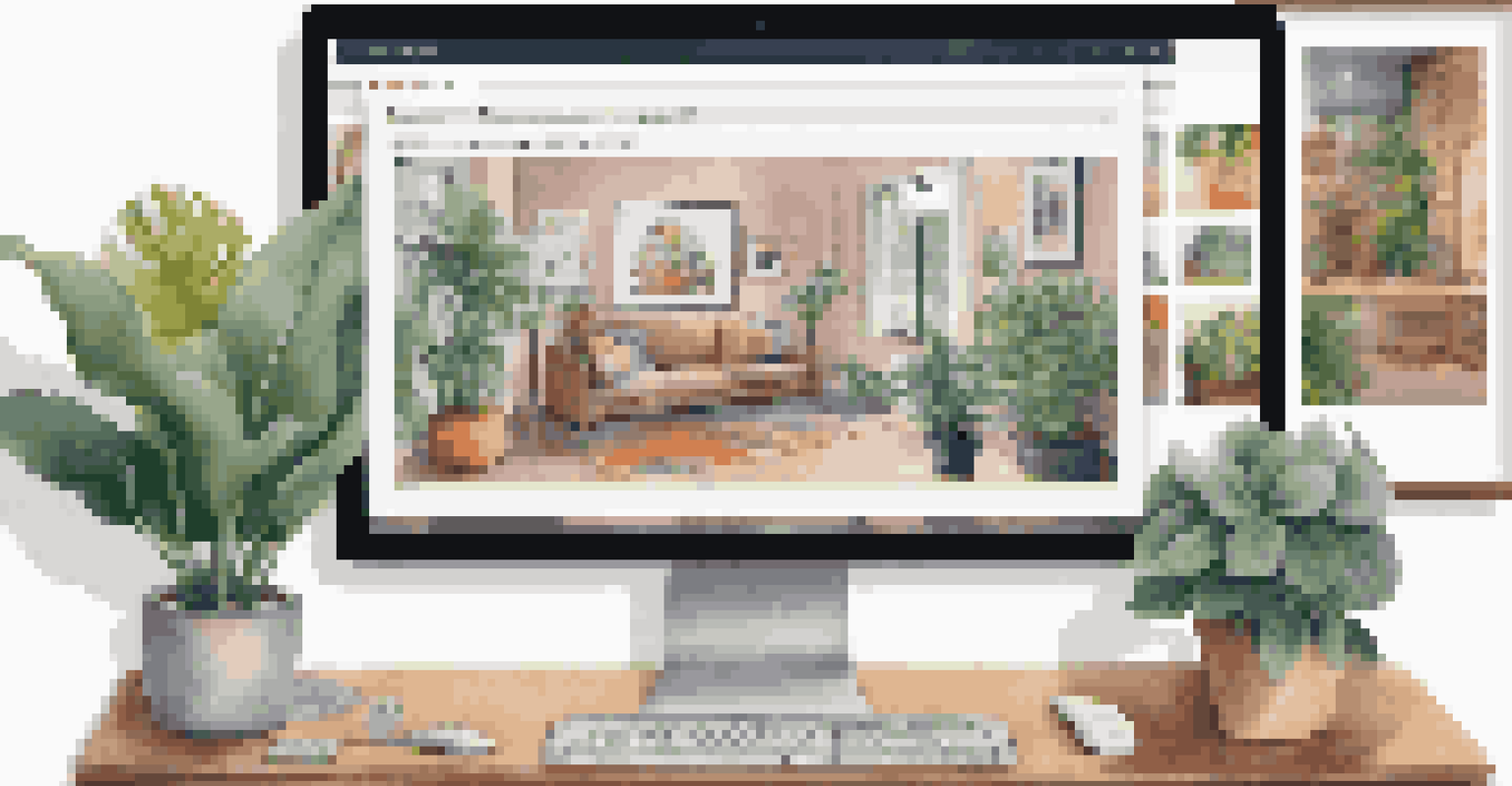 A modern digital art platform interface highlighting diverse artworks on a computer screen in a cozy home office.