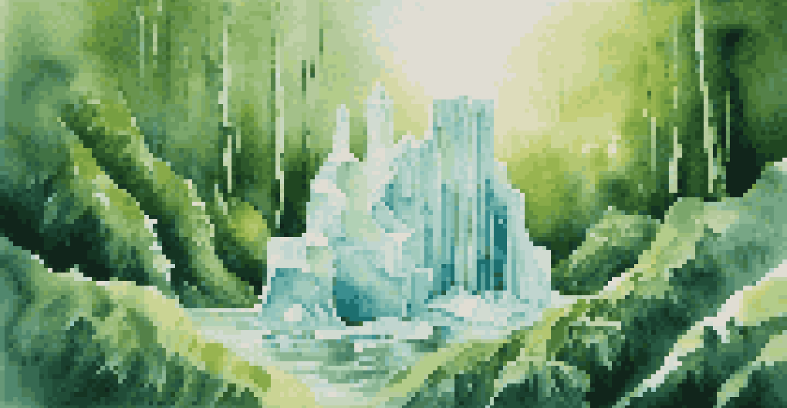 An abstract art piece featuring a melting ice sculpture surrounded by vibrant green plants, symbolizing the impact of climate change.
