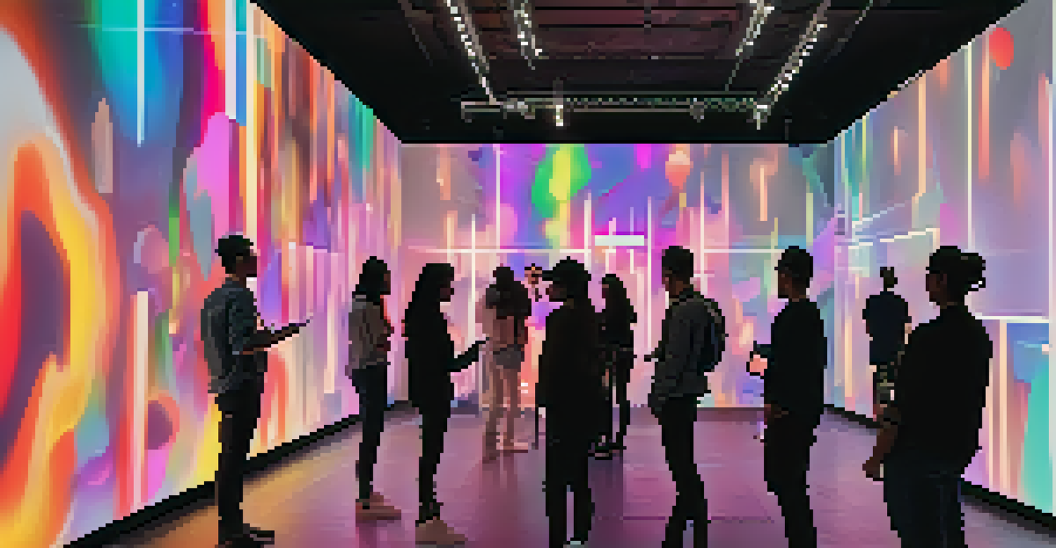 An immersive augmented reality art installation in a gallery, with viewers interacting with projected digital elements and vibrant lights.