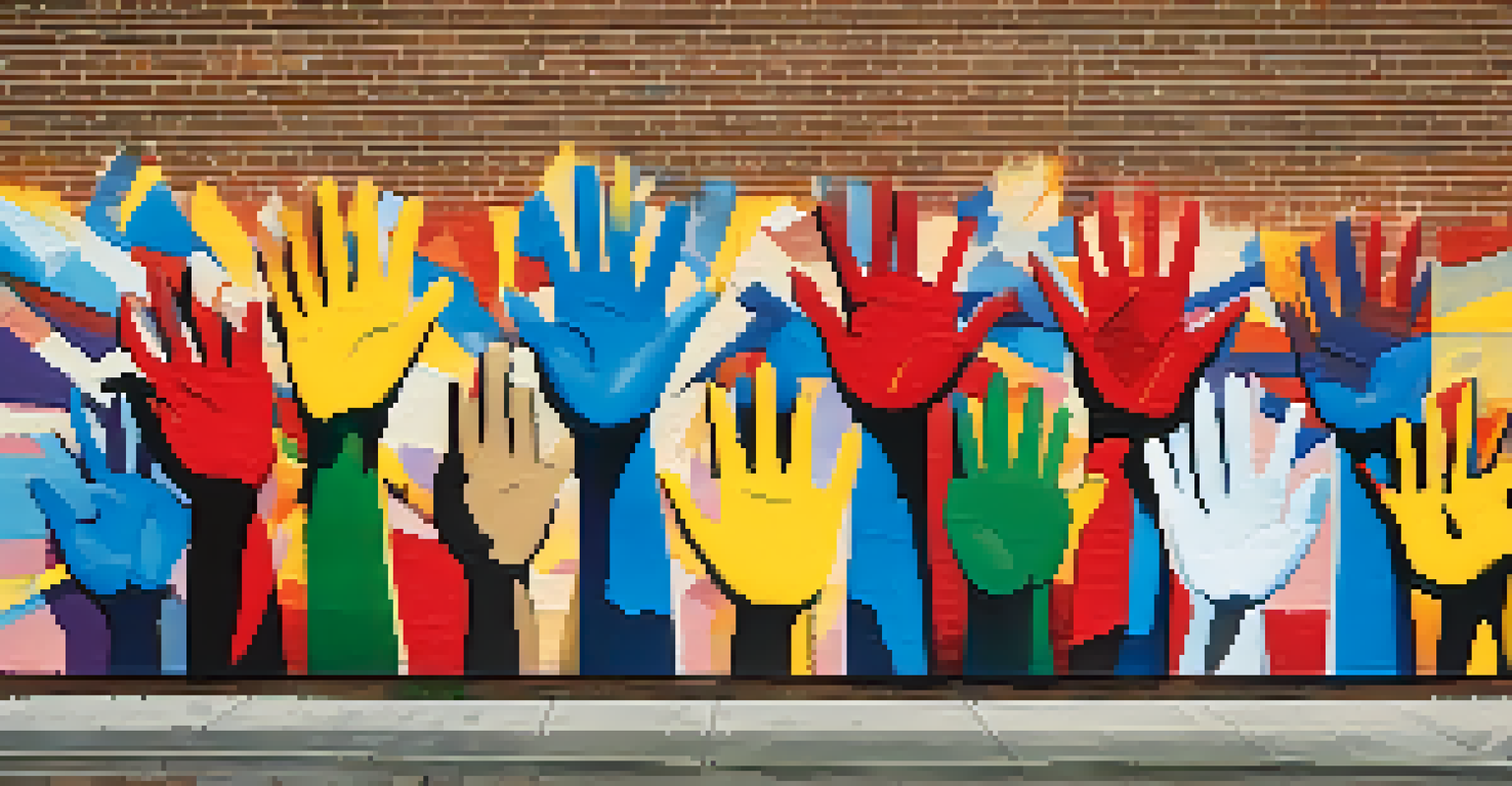 A mural of diverse hands raised together on a brick wall, with artists working on it at the bottom.