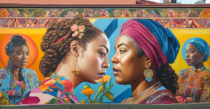 A colorful mural celebrating women's history with portraits of feminist figures and floral patterns in an urban setting.