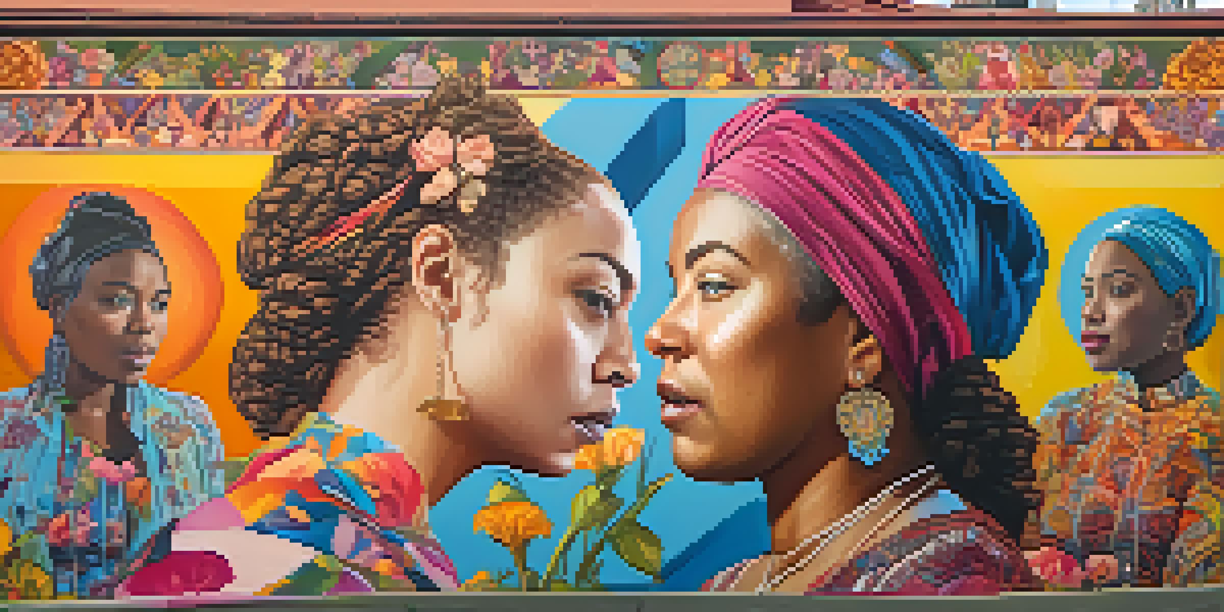 A colorful mural celebrating women's history with portraits of feminist figures and floral patterns in an urban setting.
