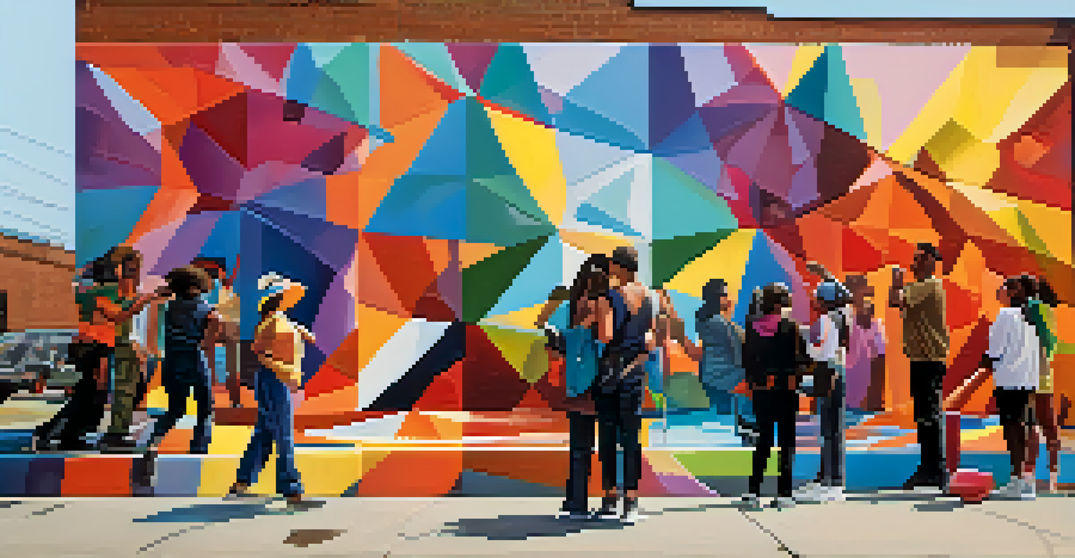 A vibrant outdoor art installation with large murals and people interacting with the artworks, emphasizing community and social themes.