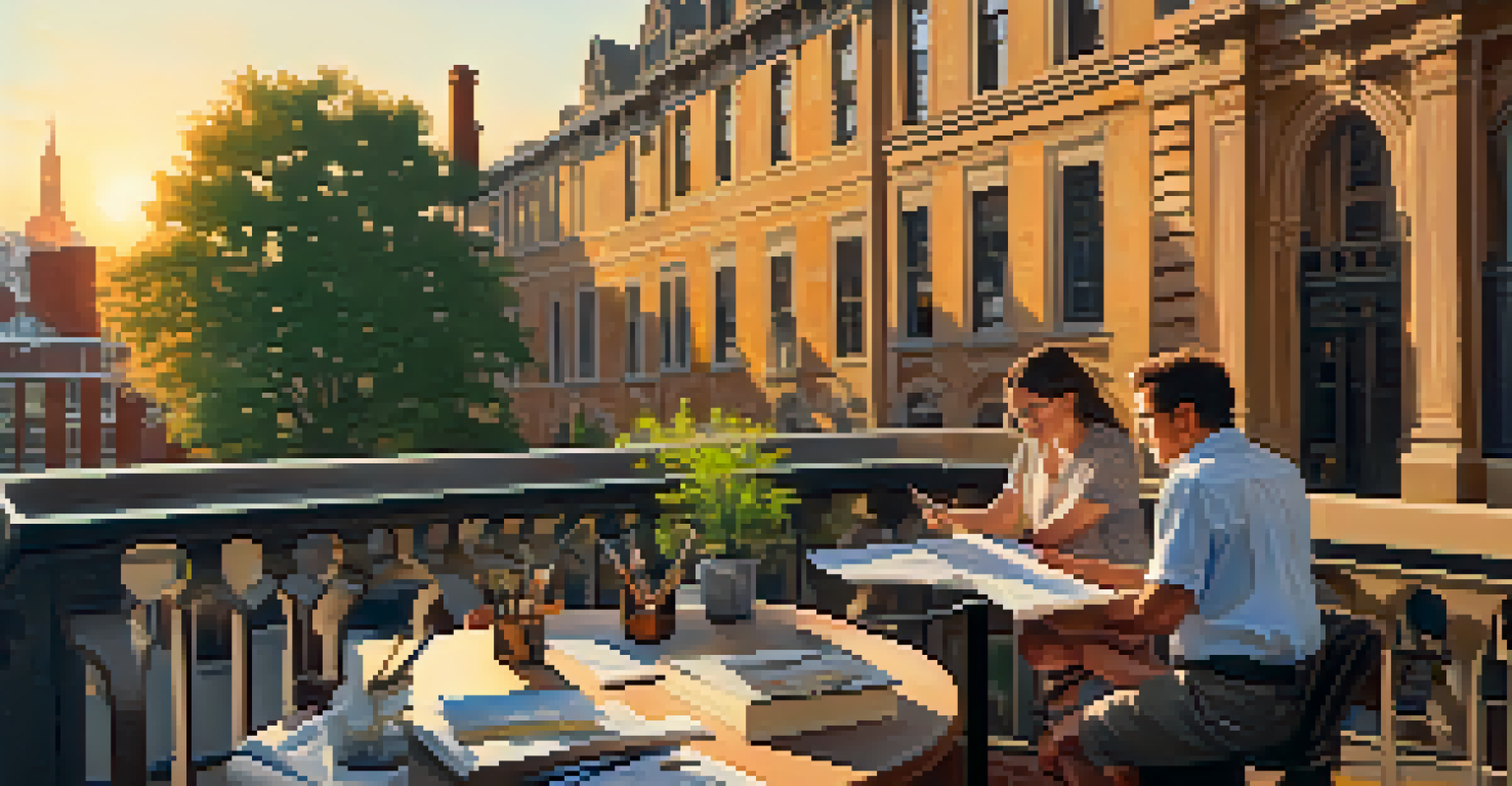 A writer and a visual artist collaborating outdoors in a historic city, surrounded by art supplies and iconic architecture during golden hour.