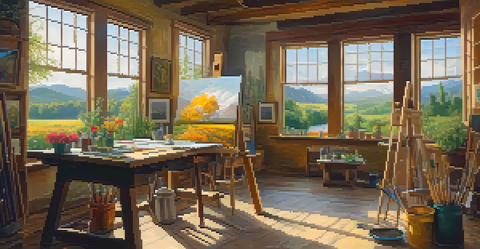 A bright art studio with an artist painting a landscape at an easel, surrounded by colorful artworks and art supplies.
