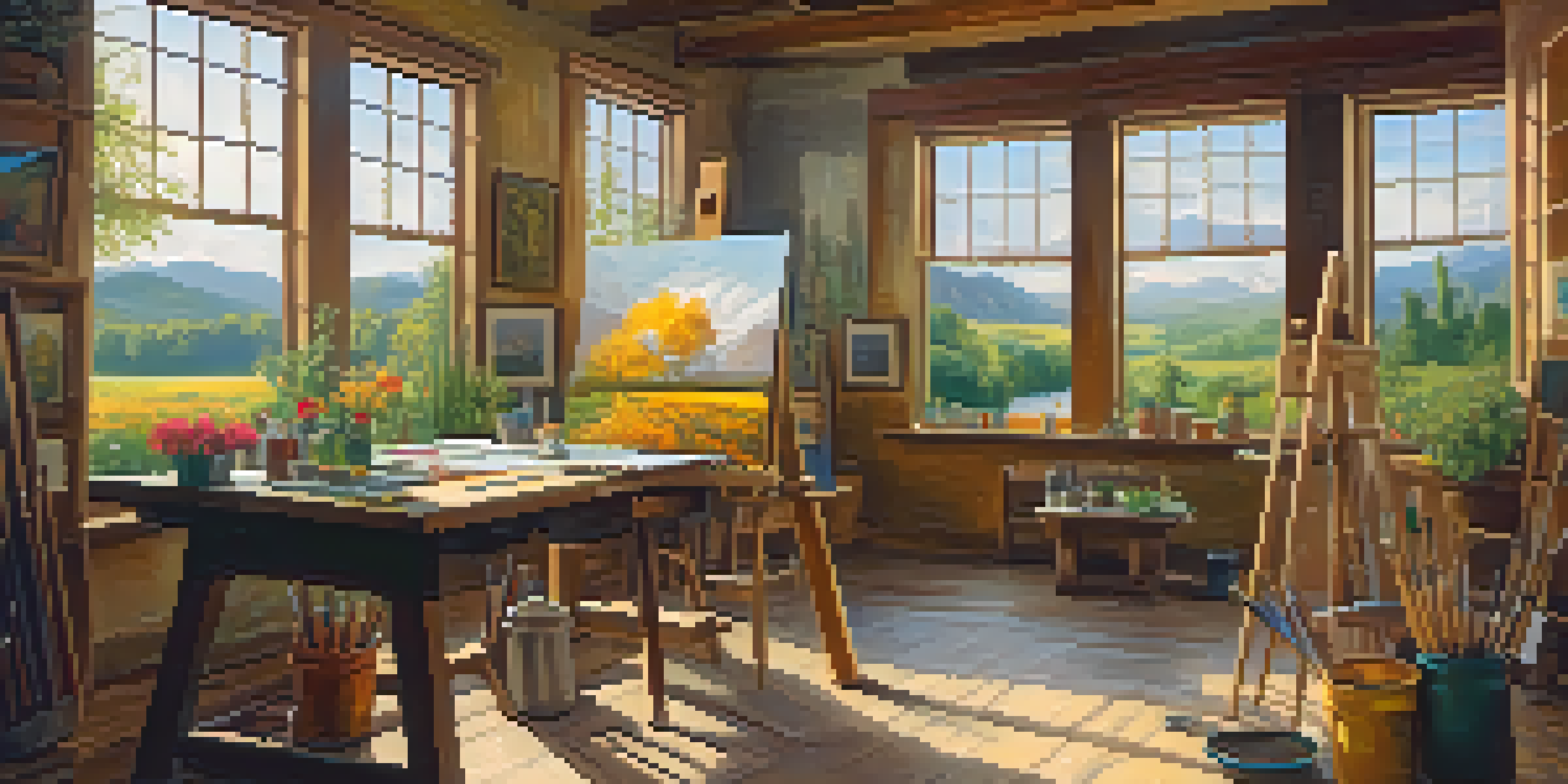 A bright art studio with an artist painting a landscape at an easel, surrounded by colorful artworks and art supplies.