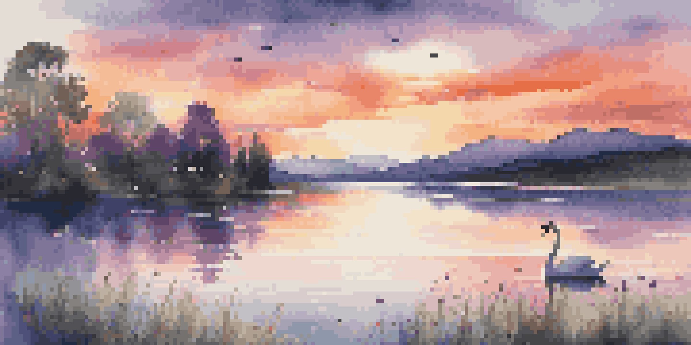A beautiful sunset over a calm lake with lush greenery and a swan gliding across the water.