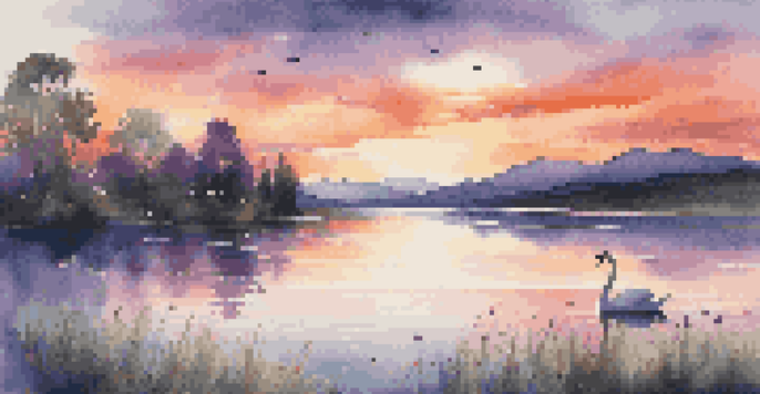 A beautiful sunset over a calm lake with lush greenery and a swan gliding across the water.