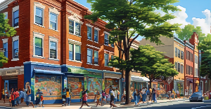 A colorful mural on a brick wall showcasing the history and diversity of a neighborhood, illuminated by afternoon sunlight.