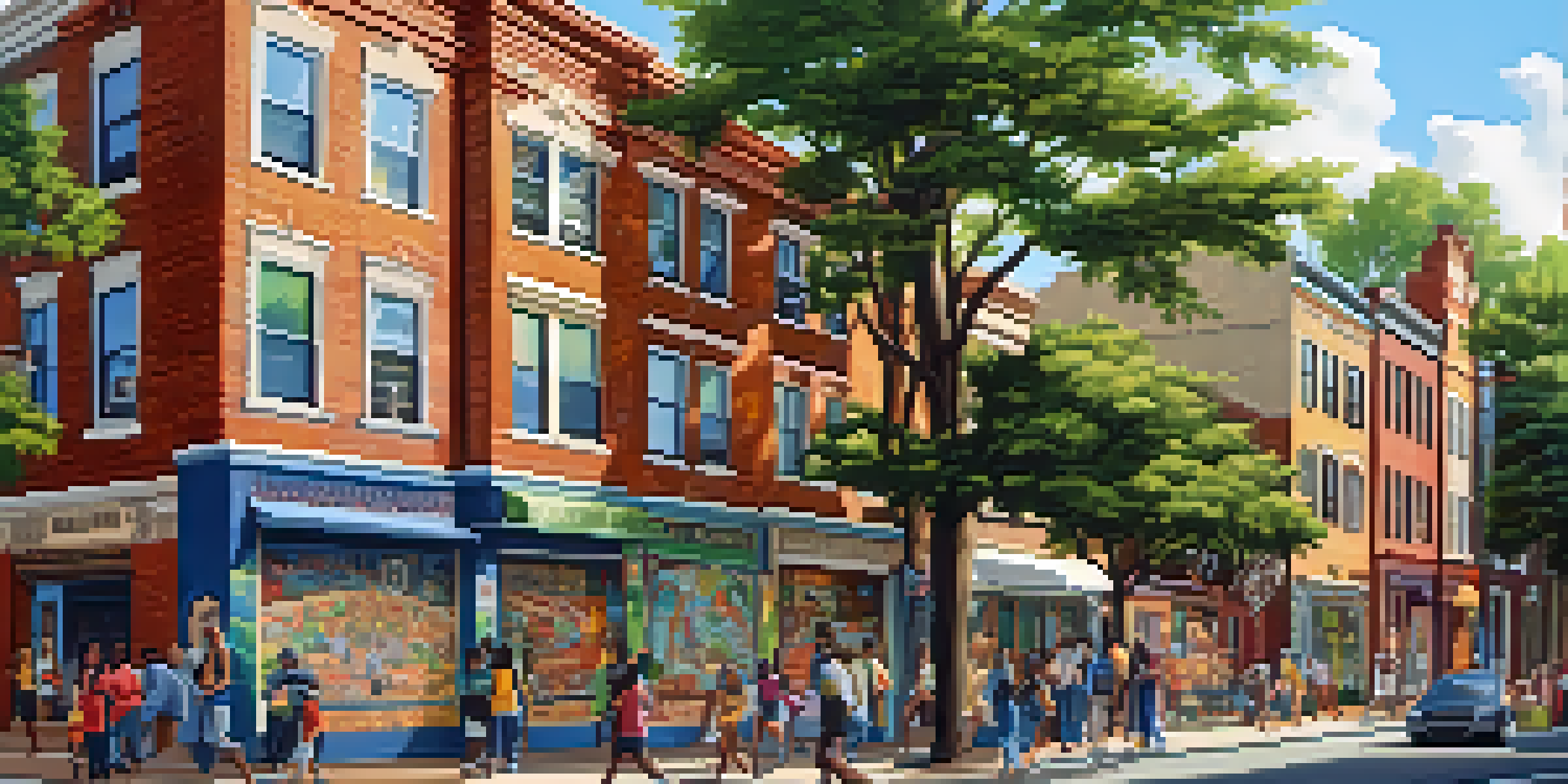 A colorful mural on a brick wall showcasing the history and diversity of a neighborhood, illuminated by afternoon sunlight.