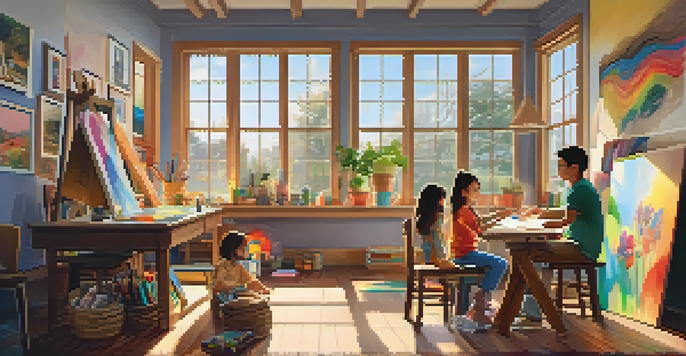 A family of four engaged in artistic activities in a bright and colorful art studio, with paintings, drawings, and a guitar present.