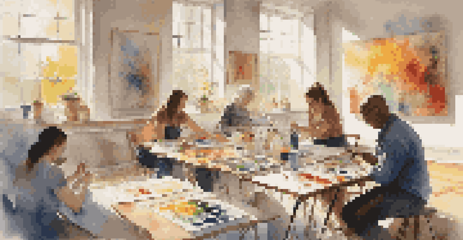 A serene art therapy session with individuals painting on canvas in a bright room filled with natural light.