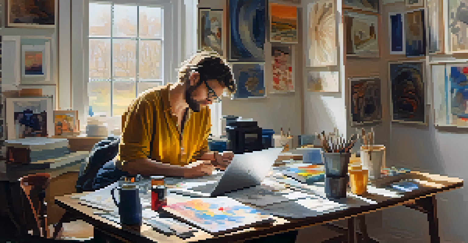 An artist in a cozy studio surrounded by paintings and art supplies, working on a laptop for an online auction.
