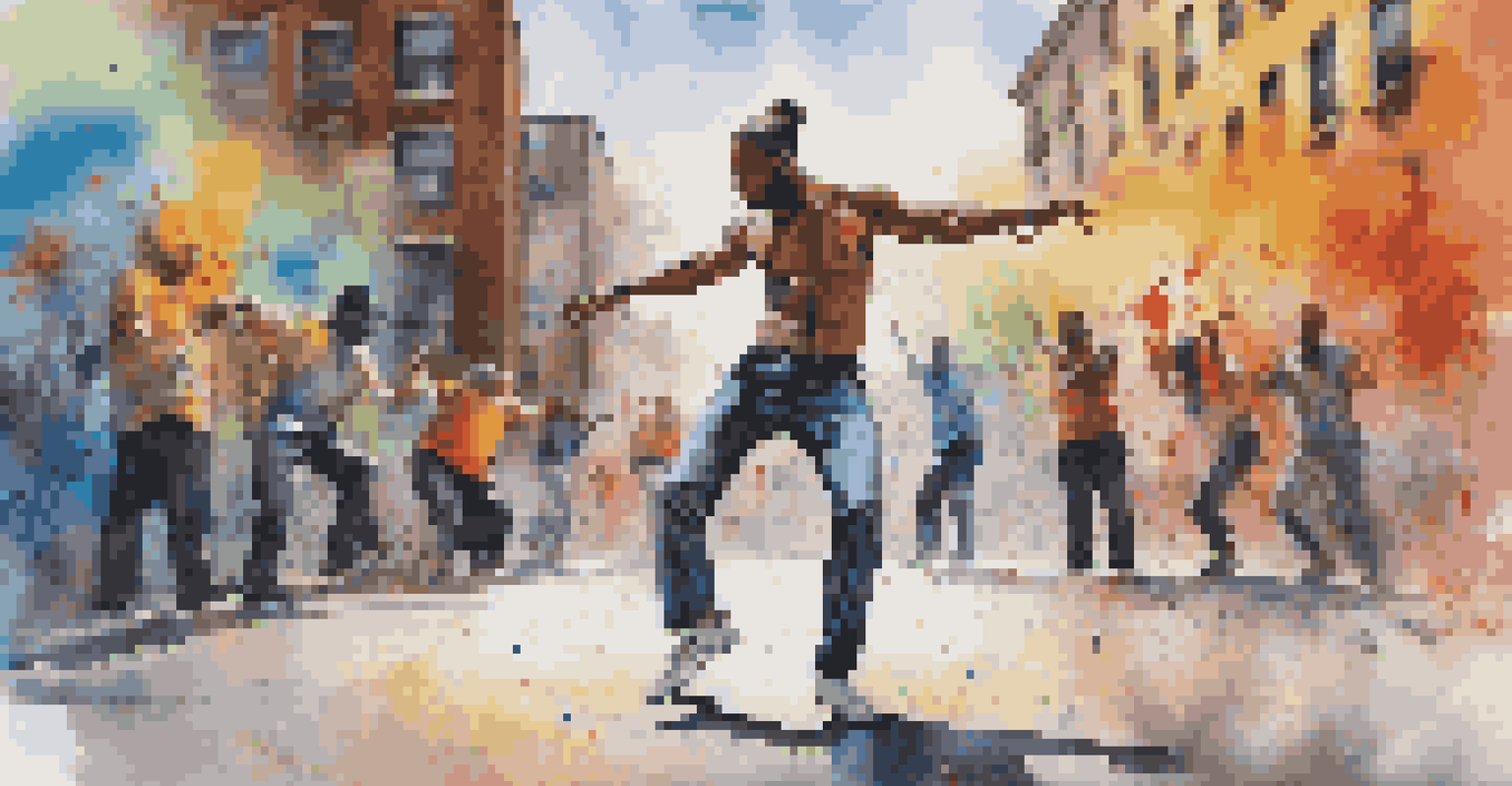 An artist performing in an urban environment, surrounded by colorful street art and engaging with onlookers.