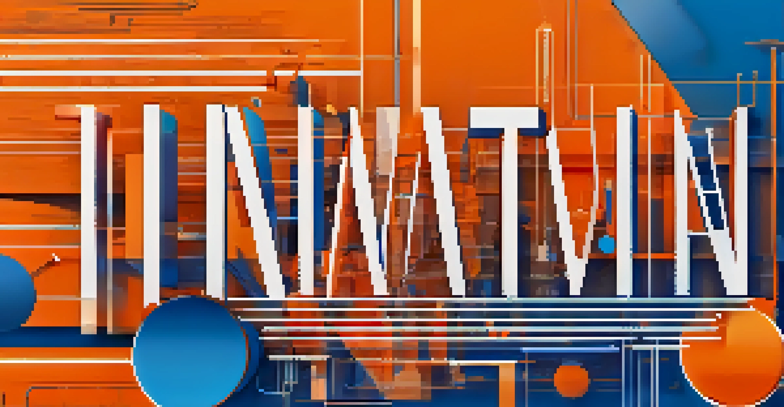 A digital poster featuring bold typography with the word 'Innovation' in electric blue and bright orange against a gradient background.