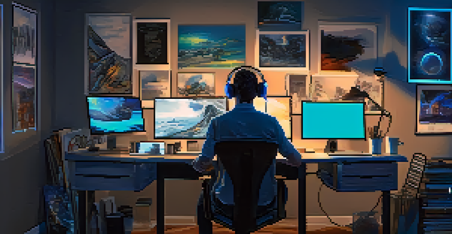 A digital artist at a computer desk, illuminated by blue LED lights, working on a graphics tablet with art displayed in the background.