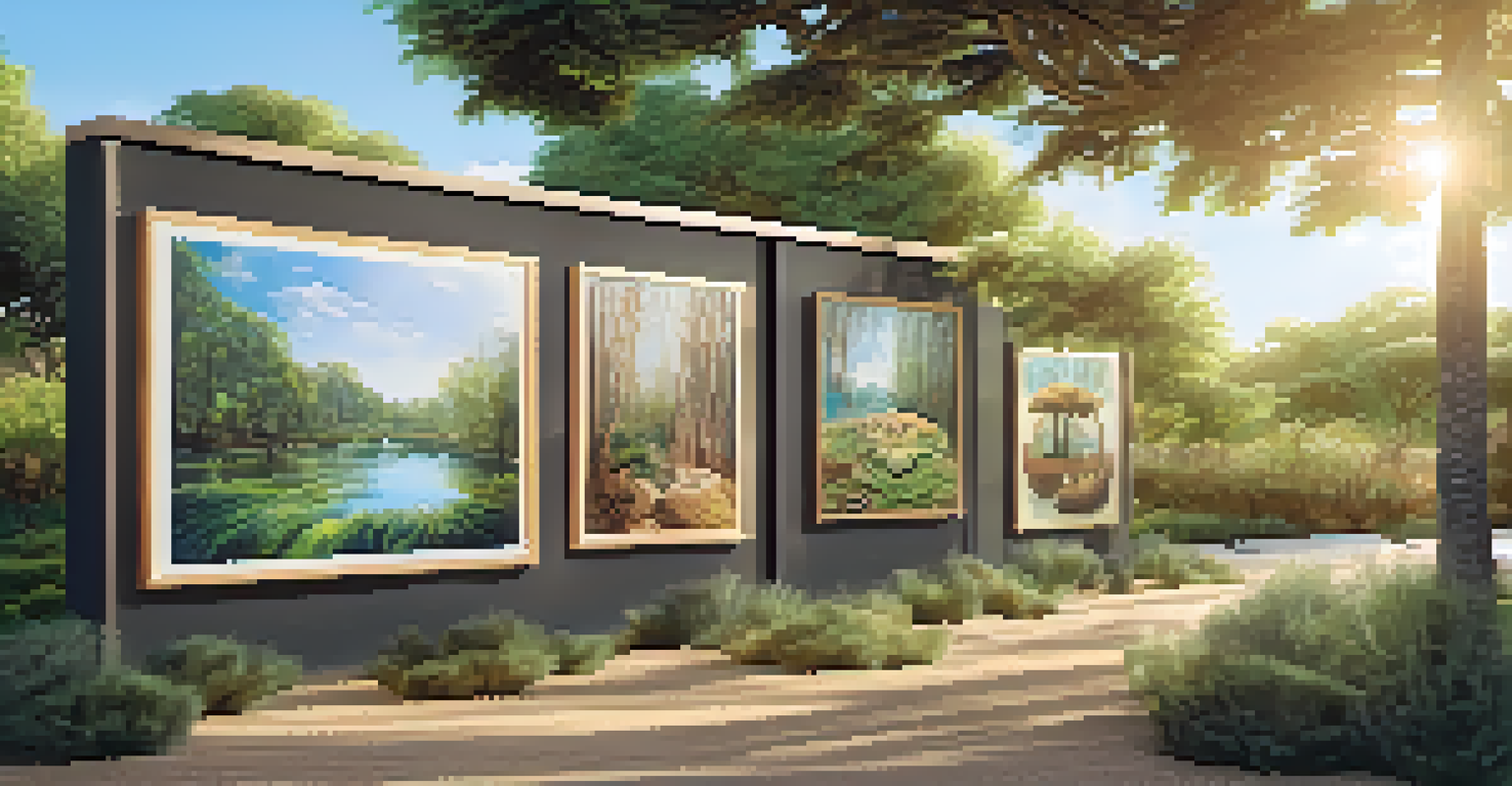 An outdoor eco-friendly art exhibition featuring biodegradable sculptures made from recycled materials in a natural setting.