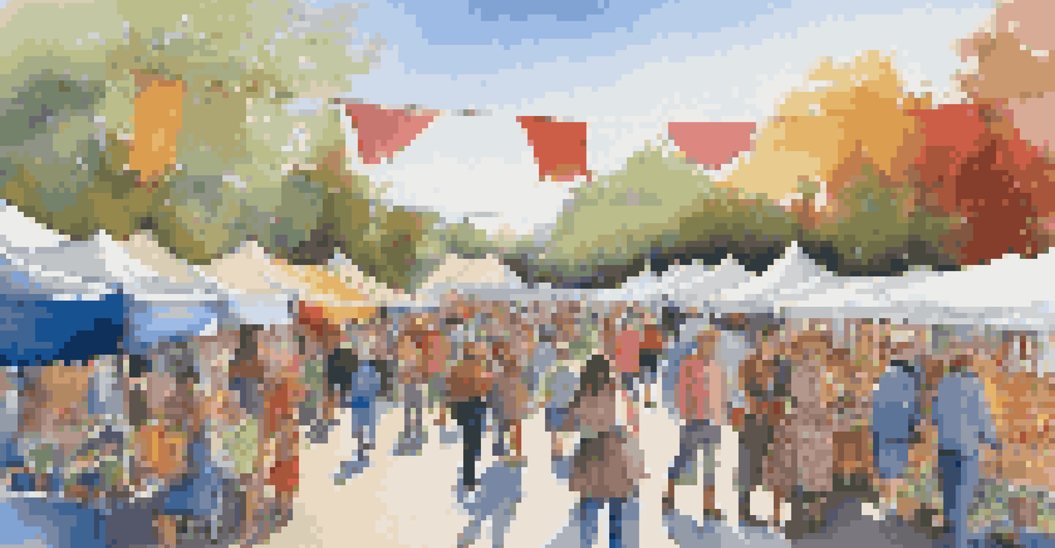 An outdoor art fair with artists showcasing their works in colorful tents, surrounded by people browsing and enjoying the festive atmosphere under a clear blue sky.