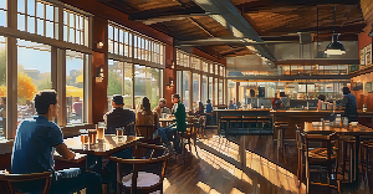 A cozy modern café with warm sunlight streaming through large windows, illuminating wooden tables and patrons enjoying their drinks.