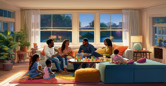 A diverse family enjoying a game night in a cozy living room, with warm lighting and a colorful decor.