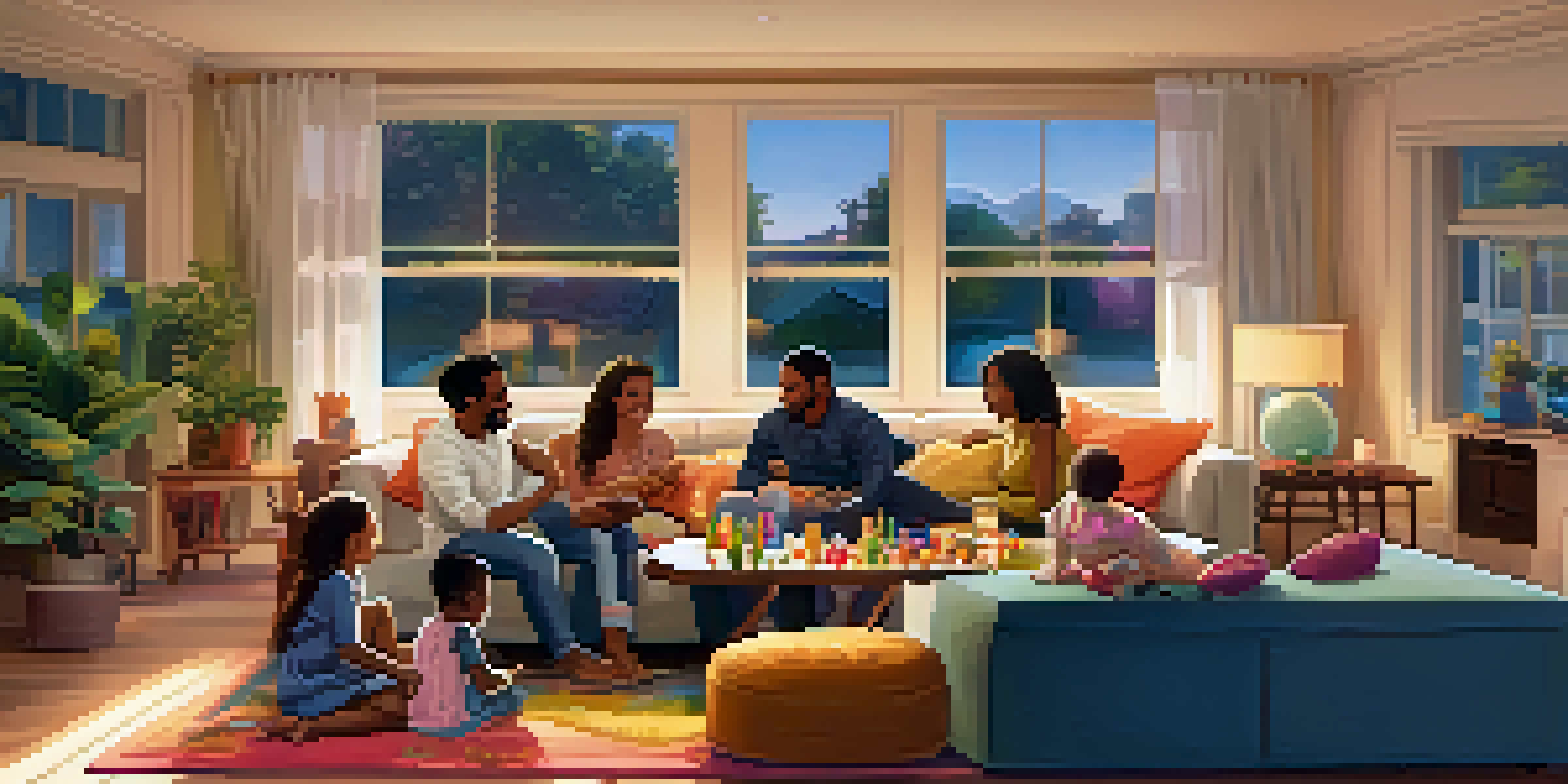 A diverse family enjoying a game night in a cozy living room, with warm lighting and a colorful decor.