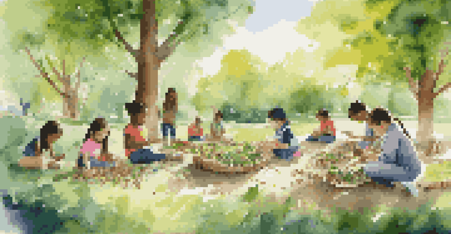 Children participating in a community art workshop using natural materials in a sunny park, surrounded by their colorful creations.