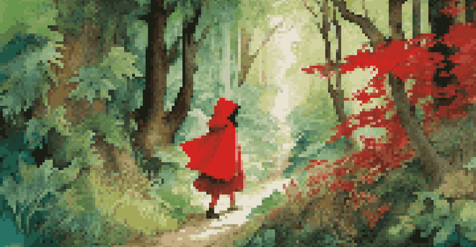 A mural illustrating Little Red Riding Hood with a young girl in a red cloak and a wolf in the forest.