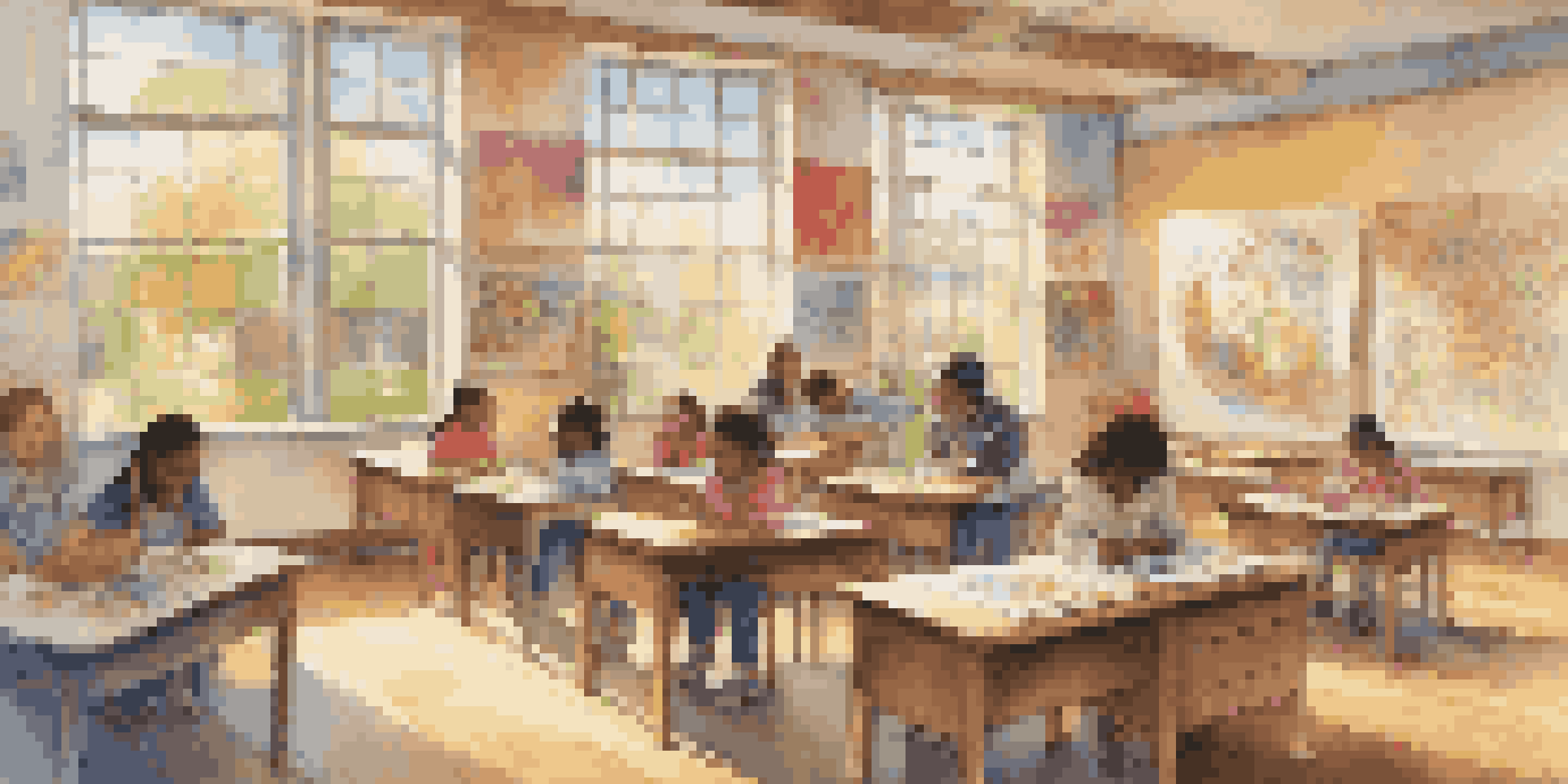 A bright and welcoming classroom where diverse children are happily engaged in art activities, surrounded by colorful artwork.